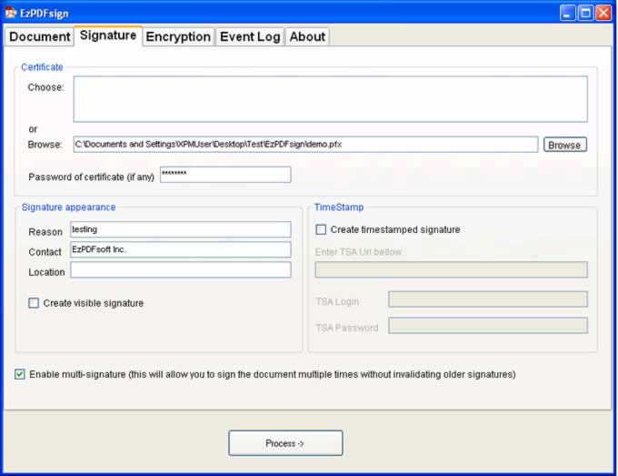 EzPDFsign PDF signing tool screenshot