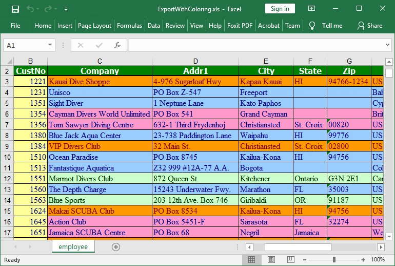 Excel spreadsheet with cell coloring created by HotXLS and Delphi