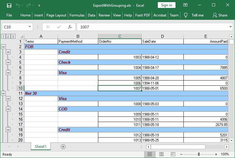 Filas de Excel agrupadas exportadas por HotXLS desde una aplicación Delphi